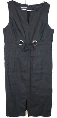 Vintage 90s Black LINEN Dress Belted Sleeveless Plus 16 Shift Summer Minimalist